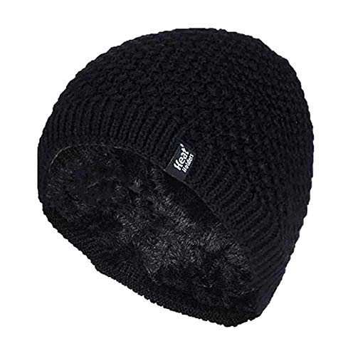 HEAT HOLDERS - Ladies Crochet Knit Style Fleece Lined Warm Thermal Winter Beanie Hat (One Size, Black (Nora))