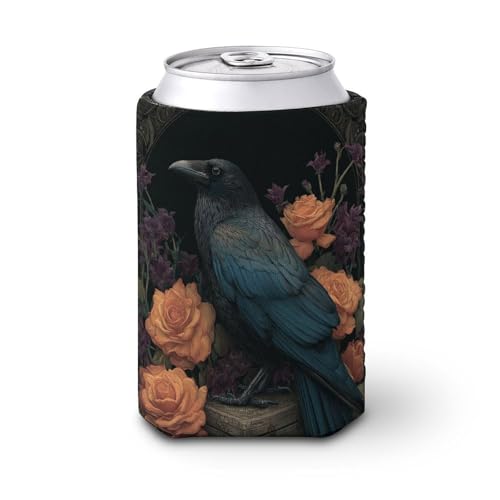 Manicotto refrigerante per lattine di birra, corvo su una vecchia cassa di legno, stile gotico, per bevande isolate e morbide, per feste, spiaggia, eventi a casa