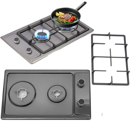 Placa de cocción portátil con 2 fuegos para cocina de gas empotrable, acero inoxidable, rejilla de hierro fundido, encendido electrónico, 3 kW+1,75 kw, compatible con gas natural/GLP, con válvula de