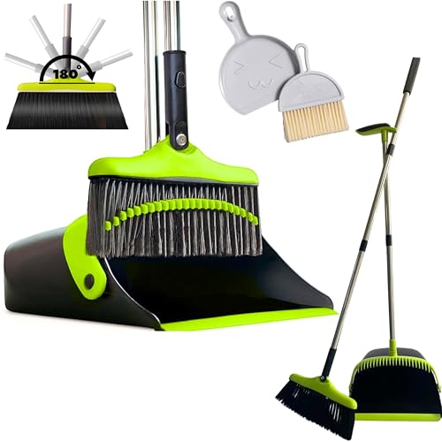 FLOORINGTON Long Handled Dustpan and Brush Set Upright Broom with Soft Bristles & Durable Dustpan for Indoor and Outdoor Cleaning Includes Free Mini Dustpan & Brush Set (Green & Black)