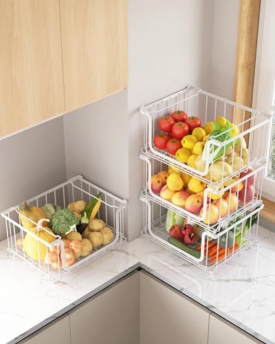 UMDONX 4 Piezas Fruteros de Cocina Metálica Cestas de Alambre Apilable 39,5x32,5x20cm Grande Cesta de Fruta con Asa Almacenamiento de Cocina para Frutas y Verduras(Blanco)