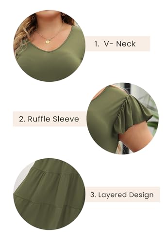 Image of Celkuser Womens Plus Size Summer Casual Midi Dress Short Ruffle Sleeve Tiered Empire Waist T-Shirt Dress with Pockets