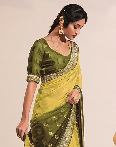Image of SIRIL Women's Lace & Foil Printed Georgette Saree with Unstitched Blouse Piece(2826S473 Yellow, Olive Green)