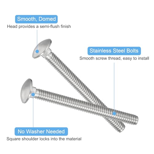 Image of uxcell 1 /4-20x2-1 /2 Carriage Bolt, 10pcs Round Head Square Neck Screws, 304 Stainless Steel, Fully Threaded, Silver