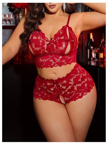 Image of MakeMeChic Women's Plus Size Lingerie Sets Contrast Lace Cut Out Wireless Bra and Panty Set