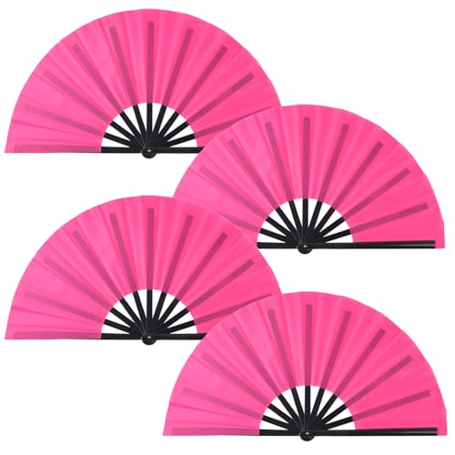 Tkocisa 4 Pack Large Folding Hand Fan, Plastic Hand Held Folding Fans Chinese Kung Fu Hand Fan Decorative Folding Fans for Dance, Performance, Festival or Home Decorations(Pink)