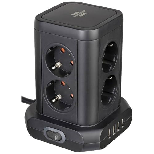 Brennenstuhl regleta de enchufes con USB y 8 tomas de corriente / enchufe múltiple vertical (regleta horizontal, 4x USB, con interruptor iluminado, cable de 2m) negro