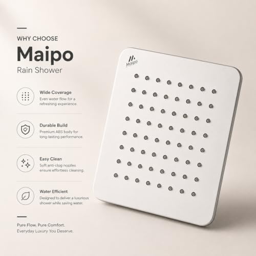 Image of Maipo Koller 4 Inch Square Rain Shower Head, Stainless Steel High Pressure Overhead Bathroom Shower, Chrome Finish, Anti-Clog Silicone Nozzles, Easy Installation