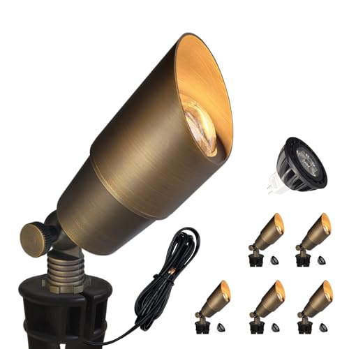 COLOER Brass Landscape Spotlights, 6 Pack Spot Lights Outdoor with 5W Aluminum Housing MR16 LED Bulb 2700K 450LM, 12V AC/DC Low Voltage Outdoor Lighting for Yard, Uplight for Garden and Pati