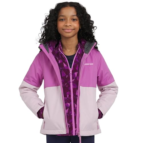 Lands' End Unisex Kids 3-in-1 Water Resistant Windbreaker and Zip-out Polar Fleece Jacket, Lilac, Medium