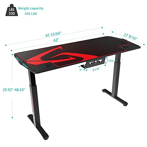 Eureka Ergonomic Standing Desk 65 Inch,Electric Height Adjustable Gaming Desk With Rgb Led Lights,Dual-Motor Sit Stand Up Desk With Large Extended Gaming Desk Mat,Cup Holder & Usb Handle Race #TOP5
