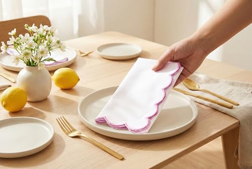 Image of PurpleEssences Scalloped Cloth Napkins 18x18 in - White Edges Blush Pink