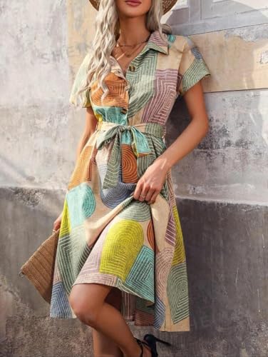 Image of Gufrina Women's Short Sleeve Collar Neck Dress - Geometric Print Button-Down Midi Dress with Tie-Up Belt