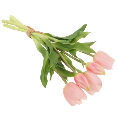FIXOSHEE Bouquet di Tulipani Artificiali Realistici 30 CM Decorazione Floreale Finta per Matrimonio e Casa Mazzo da Sposa Delicato 5 Rami e Foglie Rosa Chiaro