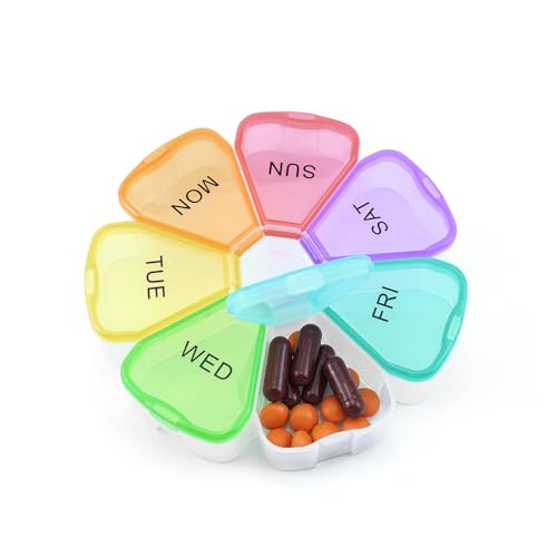Quacc Cute Weekly Pill Organizer Travel 7 Day Portable Round Floral Pill Case Box Pill Container Medcine Holder for Large Vitamin Fish Oil Pill Medication Supplement Storage - Rainbow