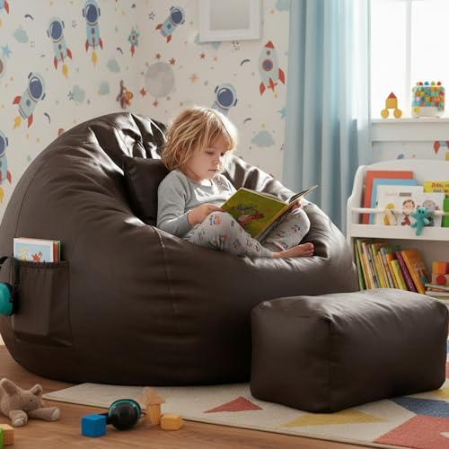 Image of Luxury 5XL Jumbo Bean Bag with Footrest & Cushion | Premium Leatherette | High-Density Beans Filled | Heavy Duty Double Stitch | 6 Months Warranty Color- (Navy Blue) (Dark Brown)