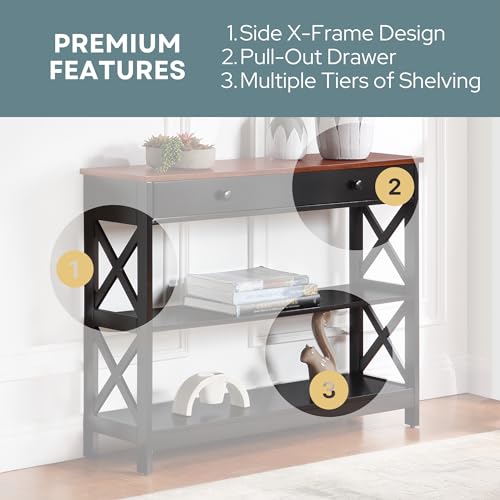 Image of Convenience Concepts Oxford 1 Drawer Console Table with Shelves, Cherry /Black