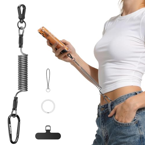 SURPHY Correa Anti-Robo con Cable de Acero para Teléfono,Cordón Anticaídas Móvil para Senderismo, Ciclismo, Esquí y Entornos Públicos Concurridos, Ajuste Seguro para la Mayoría de Teléfonos,Negro