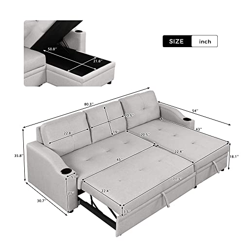 Merax L Shaped Sectional Sofa With Pull-Out Sleeper Bed Chaise Lounge For Living Room, Apartment Or Small Spaces Love Seats, Antique Gray W/Storage #TOP3