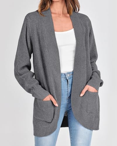 Image of KIRUNDO Cardigan Sweaters for Women 2024 Fall Open Front Long Sleeve Loose Lightweight Knit Sweater Coat with Pockets(Dark Grey, Small)