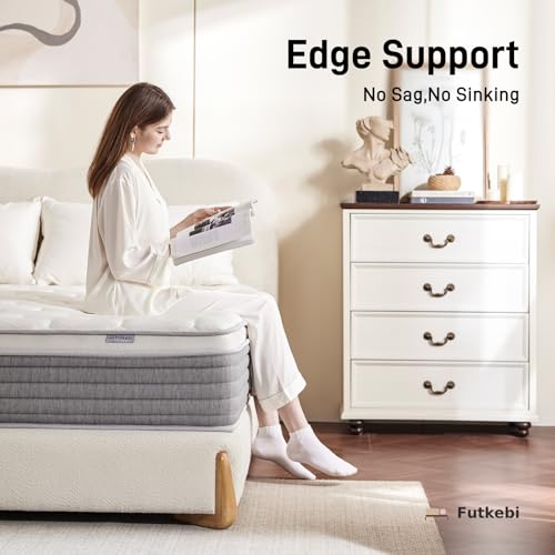Image of 14 Inch Queen Mattress, Comfort Foam & Pocket Coil Hybrid Mattress in a Box, Medium Firm Cooling Breathable Knit Cover, Motion Isolation & Edge Support, Gray & White