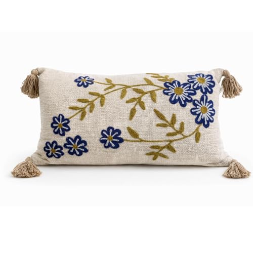 Image of Dolce Sueno Embroidered Lumbar Cushion Cover 12x20 Inch - Decorative Rectangular Throw Pillow Cover for Sofa Bed Living Room - Fancy Boho Home Decor Cushion Case Pack of 1