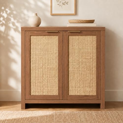 Image of OAKHAM HOME Rattan Sideboard Cabinet for Living Room, Brown | Buffet Cabinet with 2 Soft-Close Doors, Adjustable Shelves and 110 lbs Top, For Living Room, Kitchen, Entryway