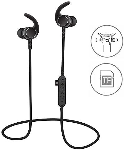 [Upgraded]SYL Bluetooth Headphones With TF SD Card Slot and Clip, Sweatproof MP3 Wireless in Ear Headsets, Bluetooth 4.2 Noise Cancelling Sports Magnetic Earphones with Mic for Gym Running (Black)