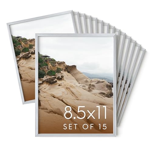 HAUS AND HUES 8.5x11 Silver Metal Picture Frames - Premium Aluminum with Vertical & Horizontal Hanging, Shatterproof Plexiglass - Perfect for Home or Office (8.5x11 in, Silver, Set of 15)