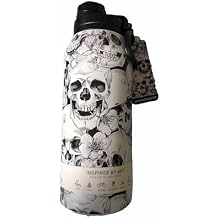 Hydrapeak Artisan 32 ounce Insulated Stainless Steel Bottle White & Black Skulls with Flowers