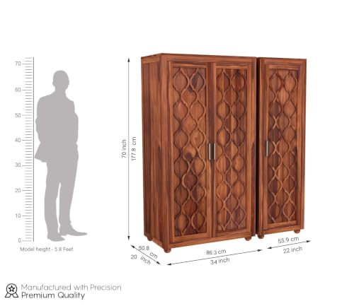 Image of Sheesham Wood Wooden 3 Door Wardrobe Organizer for Clothes | - Solid Wood Almirah with 2 Drawers, 6 Shelves - with Hanging Space Cupboard for Large Bedroom (Design 17)