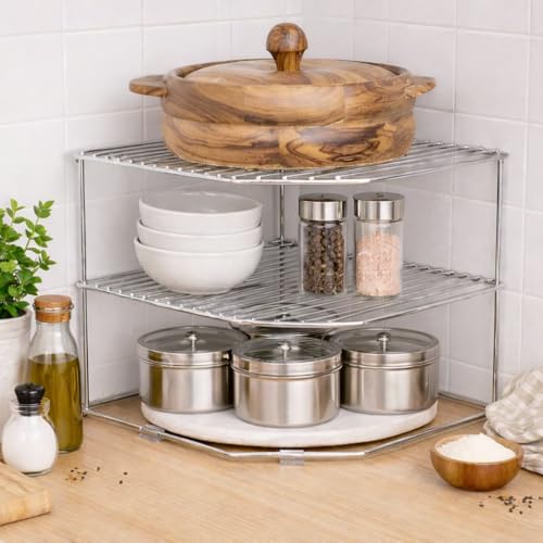 Image of CHHAAP Stainless Steel 2 Level Kitchen Storage Rack for Corners Freestanding, Multipurpose Kitchen Space Organizer Corner Shelf Rack Stand Holder (NHSP) (Pack of 1)