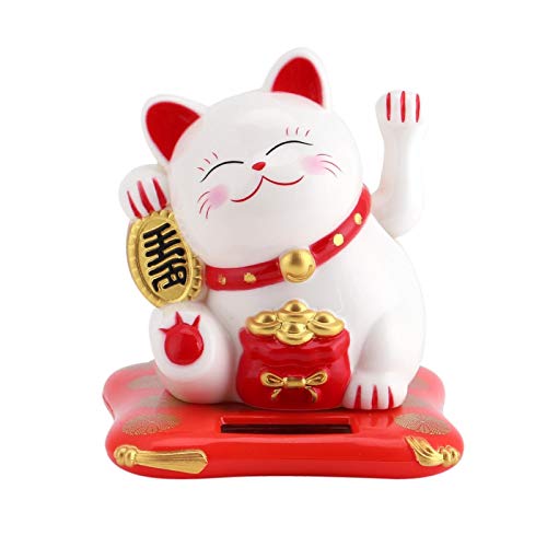 Tiiyee Lucky Cat Waving Arm Maneki Neko Solar Powered Good Luck Wealth Welcoming Display Car White Decor Paw Up with Arm Gift Fortune Stores(White)
