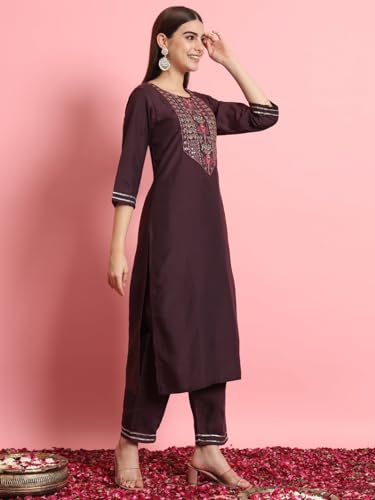 Image of VredeVogel Women's Silk Blend Embroidered Kurta with Pant & Viscose Print Dupatta Set