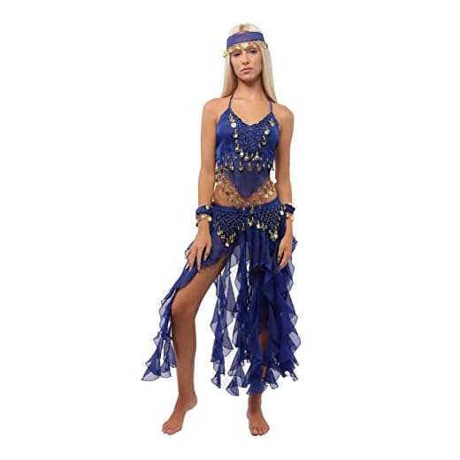 5 Piezas Traje de Danza del Vientre Profesional para Mujer, Conjunto de Accesorios Top y Falda Largas de Gasa para Disfraces India y Fiestas Temáticas, Talla única (Azul)