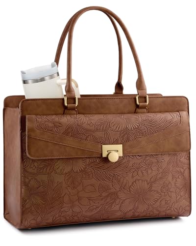 Image of LOVEVOOK Laptop Tote Bag for Women, PU Leather Work Bag, Teacher Tote | with Large Cup Holder, Waterproof Vintage Briefcase for Business Travel & Commute, Magnetic Snap, Padded Laptop Pocket
