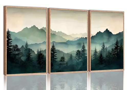 Image of okudolit Framed Mountain Wall Art Set of 3 Sage Green Forest Canvas Prints Nature Landscape Watercolor Pictures Wall Decor Modern Painting for Living Room Bedroom Office 16x24in