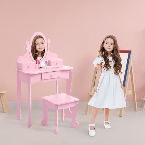 Garvee Kids Vanity Set with Adjustable Angle Mirror, Pretend Play Girls Vanity Table and Chair Set with Mirror, Stool, and Wood Makeup Playset, Pink
