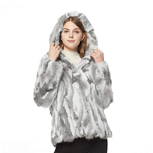 Fur Story Women's Genuine Rabbit Fur Coat for Winter Thick Warm Fur Jacket with Hood (Nature Gray with Hood, 12)