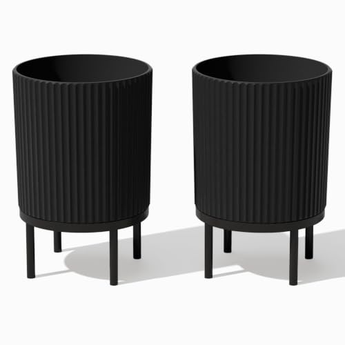 Image of Veradek Demi Series Raised Planter - Round Planter with Stand | Made From a Durable Plastic-Stone Composite & Comes With Wooden Stand. Modern Porch /Patio Decor