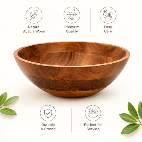 Image of Aanya Homecraft Acacia Wooden Salad Bowl | Serving Bowl | Mixing Bowl for Kitchen | Chef Decorative Bowl for Soup Serve-Ware & Snacks | 29x29x10 CM | Natural