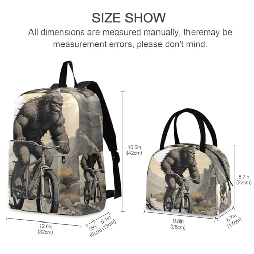 Backpack Lunch Box Set Large Capacity Travel Backpacks and Insulated Lunch Bag for Commute Hiking Picnic Gorilla Bike Print2