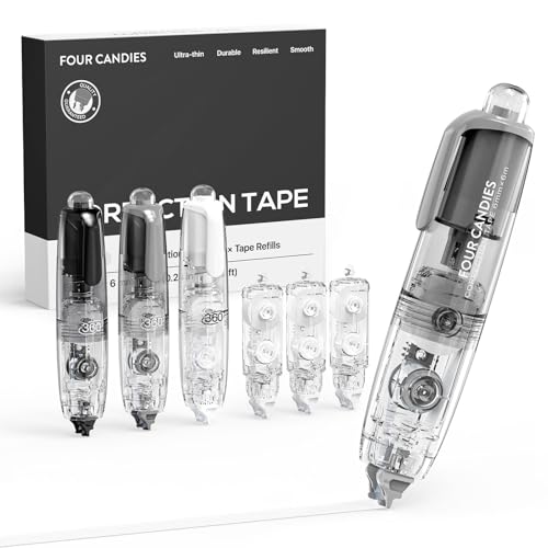 Four Candies 修正テープ 詰め替え式 6mm かわいい ペン型 本体3個+3個の追加詰め替え 使いやすい ミニサイズ おしゃれ プチギフト 女の子 男の子 小学生 学校やオフィス用品に最適 黒 白 グレー