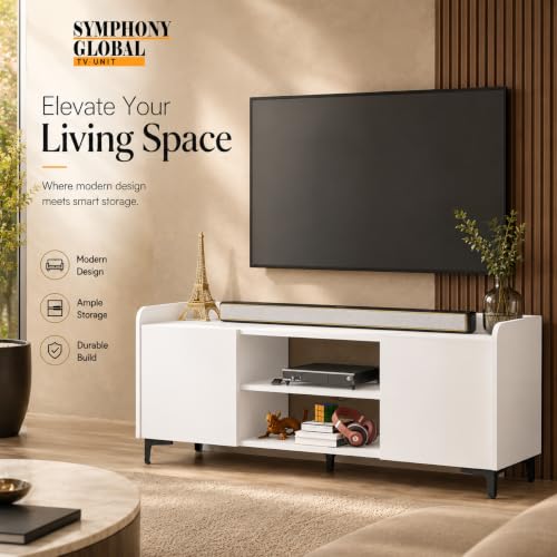 Image of Studio Kook Symphony Global 150 cm TV Unit, Moonshine White | 150 cm engineered wood TV cabinet for 40-65 inch TVs, with two side cabinets, open shelves and a 70 kg tabletop capacity.