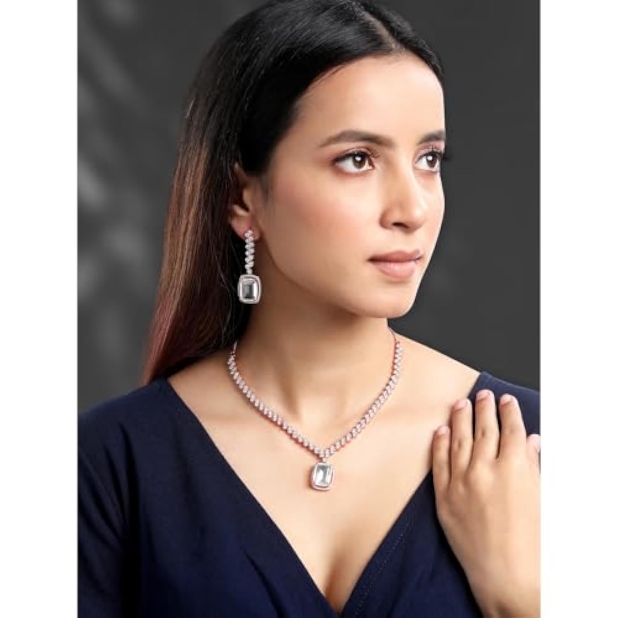 Plated Cubic Zirconia & Crystal Necklace & Drop Earring Set