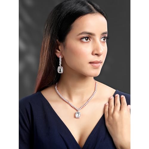 Plated Cubic Zirconia & Crystal Necklace & Drop Earring Set