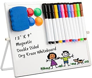 AWELUX Whiteboard Small Dry Erase Whiteboard with Stand,Double Sided Desk Top Whiteboard Set 12 Markers, 4 Magnets, 1 Erase, Portable Whiteboard for Kids Students Home Offices School (9" x 12")