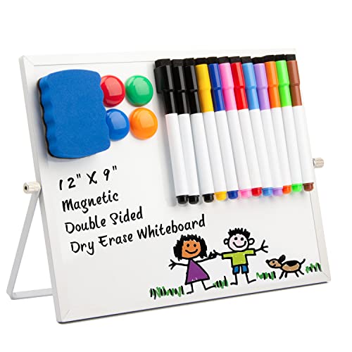 AWELUX Petit Tableau Blanc Magnétique, Kit de Tableau Blanc Effaçable de Bureau avec Support, Marqueurs Accessoires + 12 Aimants + 4 Gommes + 1, Tableau Blanc Effaçable à sec Double Face (23 x 30cm)