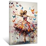 ZXHYWYM Abstract Girl Canvas Wall Art Dancing Woman with Butterfly Painting Prints Colorful Elegant Portrait Artwork for Girls Bedroom Framed(1, (12.00' x 18.00'))