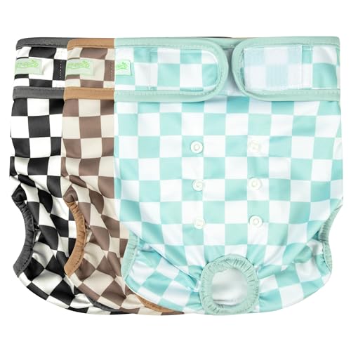 wegreeco Washable Female Dog Diapers Highly Absorbent Reusable Diapers for Dog in Heat Dog Period Diapers, 3 Pack (Checkerboard Green, Black, Coffee, Medium)